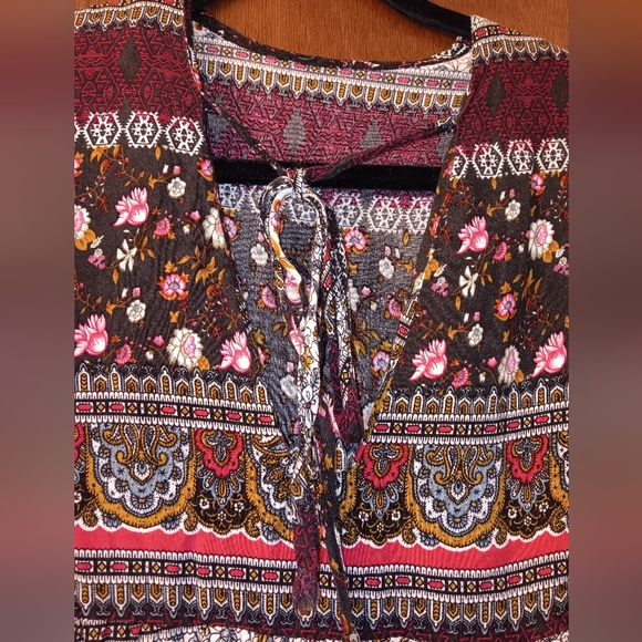 Unbranded~Purple Colorful Floral Tie Neck Long Sleeve Patchwork Peasant Blouse - Picture 3 of 9